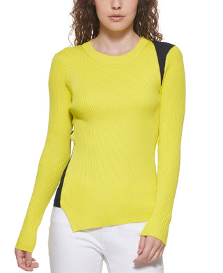 Suéter feminino DKNY com ombros contrastantes, amarelo, tamanho grande
