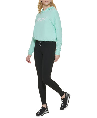 Moletom com capuz feminino DKNY com estampa de logo e cintura elástica de algodão, tamanho pequeno, azul