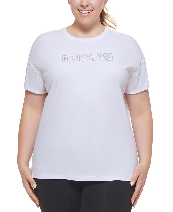 Camiseta feminina DKNY com logotipo de algodão, branca, tamanho 1X