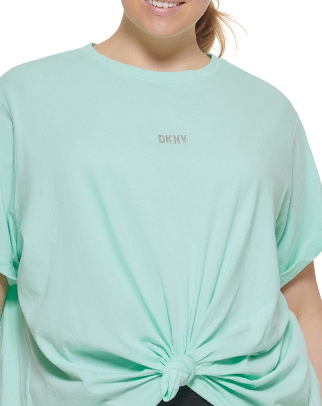 Camiseta feminina DKNY com logo metálico e nó frontal, azul, tamanho 3X