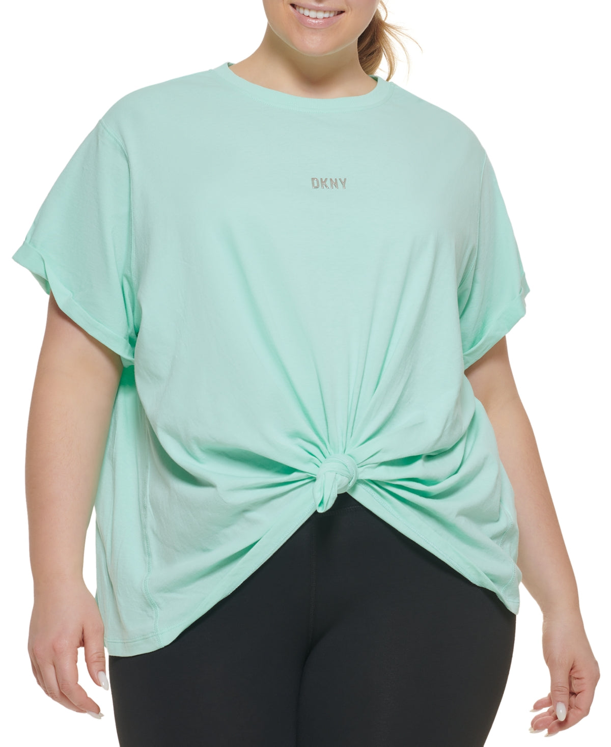 Camiseta feminina DKNY com logo metálico e nó frontal, azul, tamanho 3X