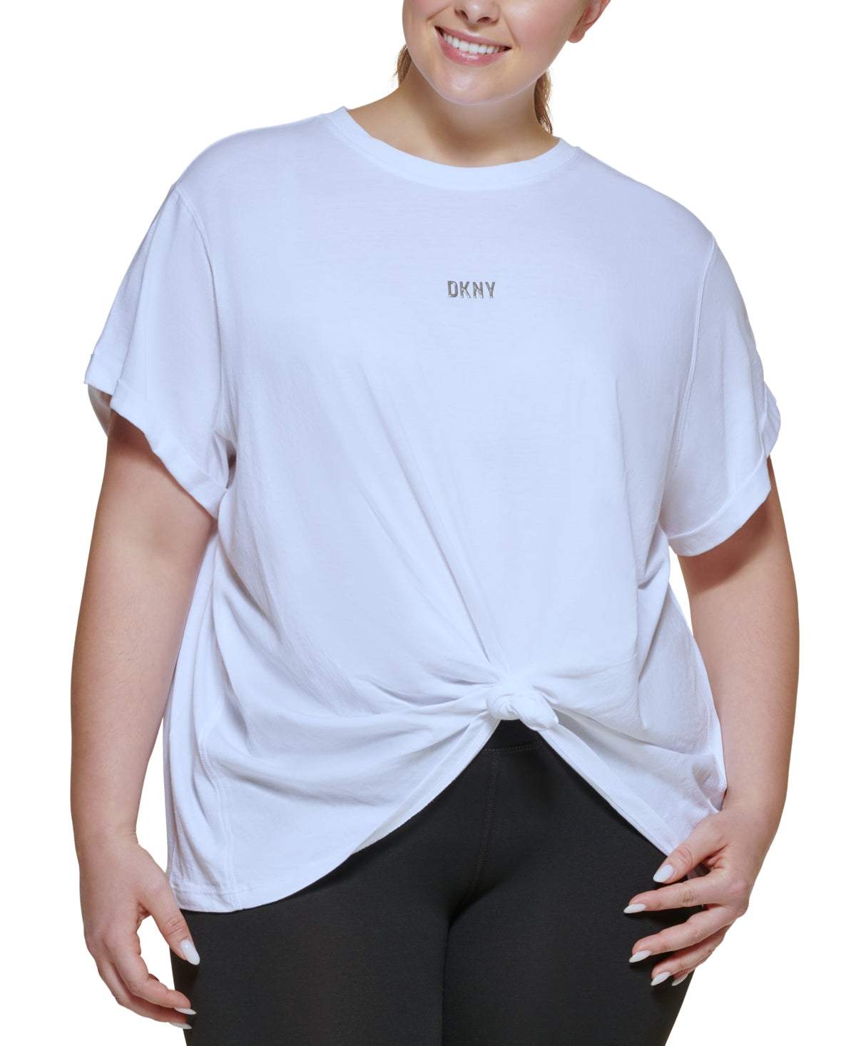 Camiseta feminina DKNY com logo metálico frontal e nó, branca, tamanho 1X