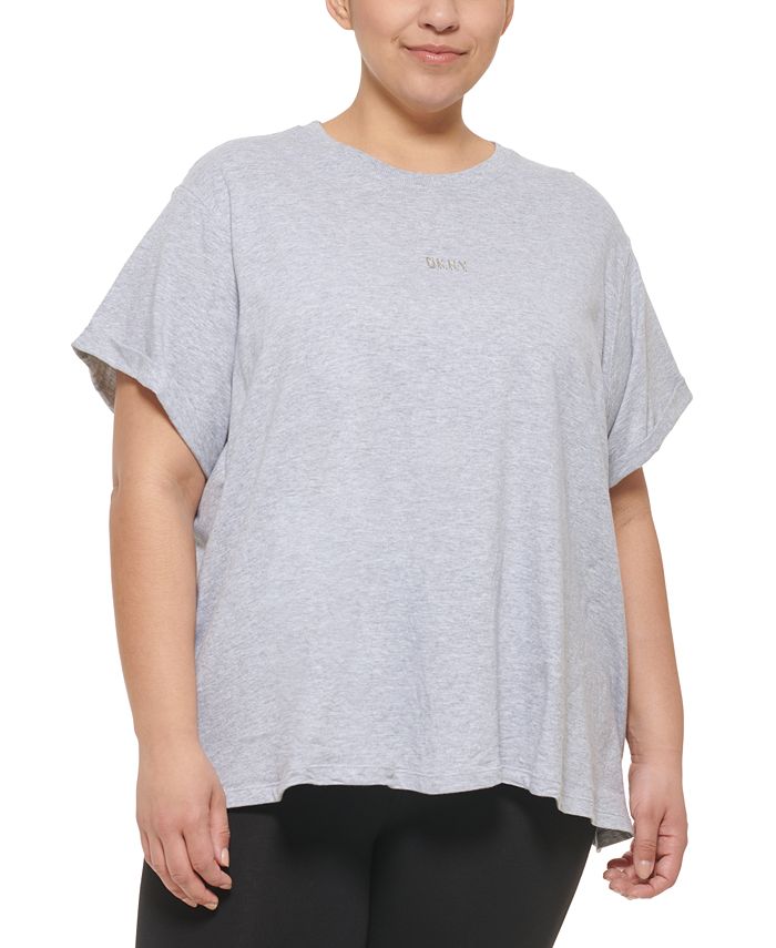Camiseta feminina DKNY com logo metálico frontal e nó, cinza, tamanho 2X