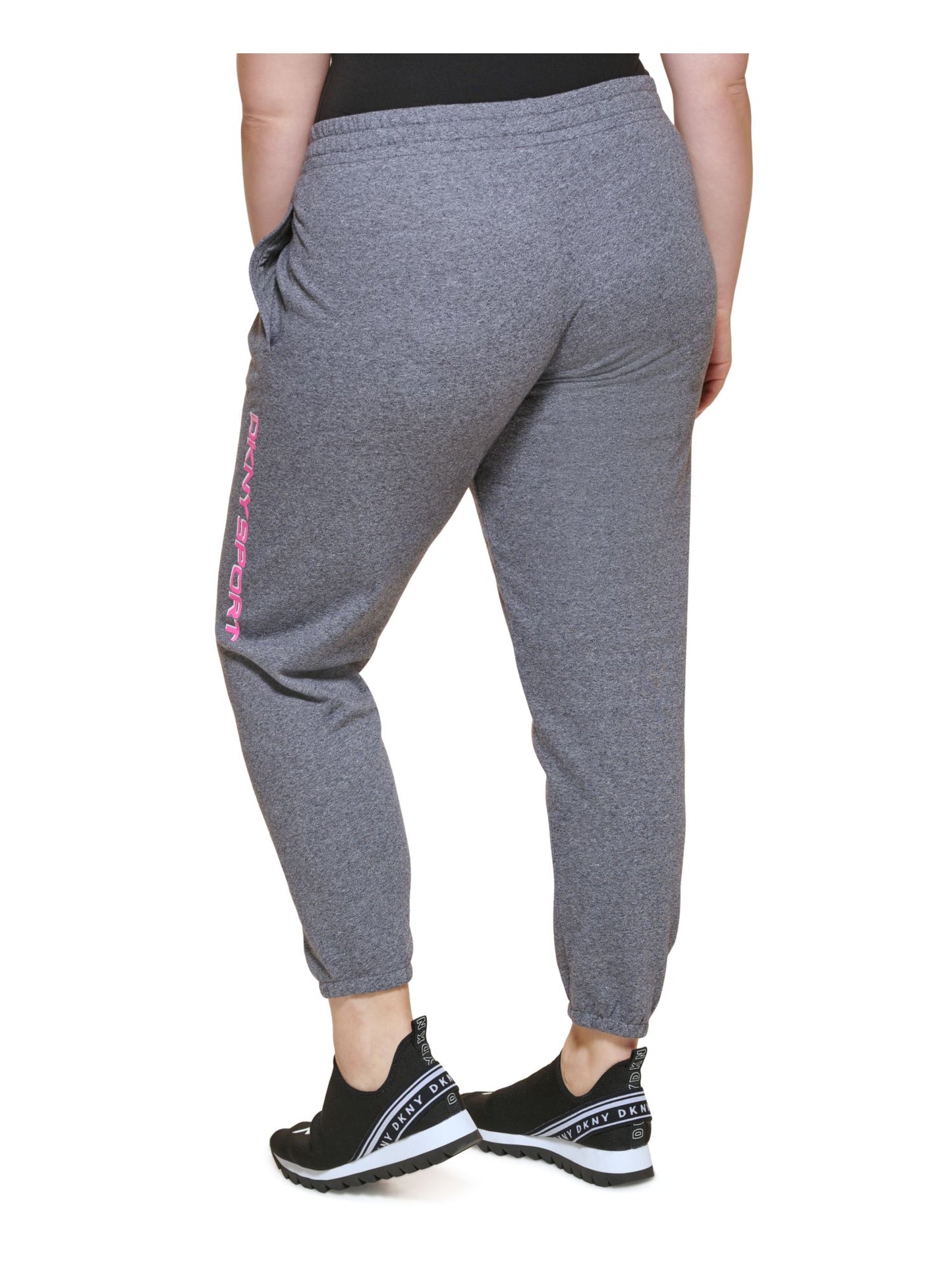 Calça de corrida feminina DKNY Sport com bolsos e cordão, com estampa de logotipo, cintura alta, cinza, tamanho 3X