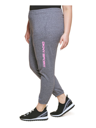 Calça de corrida feminina DKNY Sport com bolsos e cordão, com estampa de logotipo, cintura alta, cinza, tamanho 3X