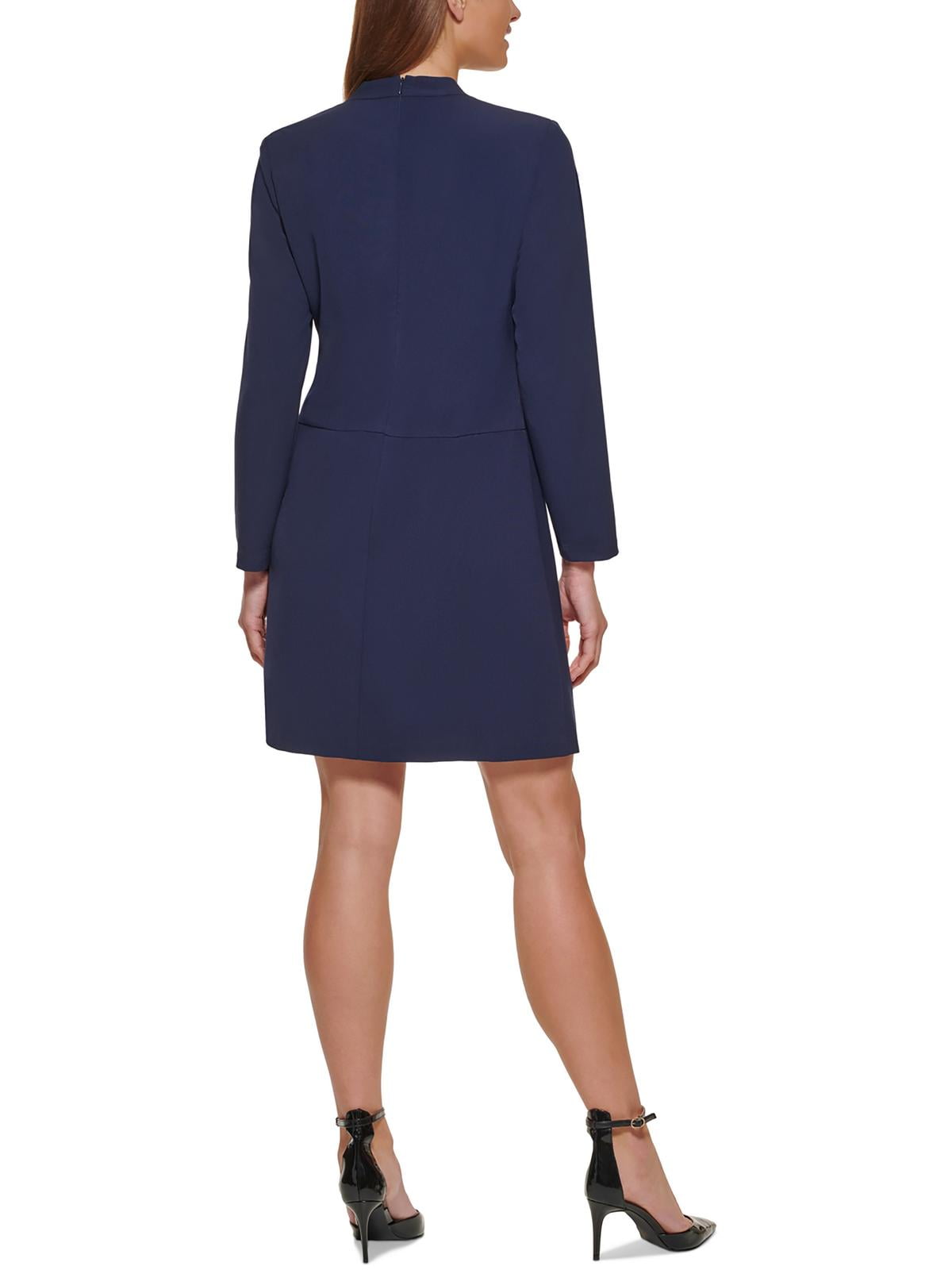 Vestido feminino DKNY preto com decote em V, tamanho médio