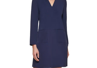 Vestido feminino DKNY preto com decote em V, tamanho médio