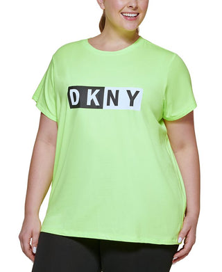 Camiseta feminina DKNY com estampa de logotipo bicolor verde, tamanho 1X