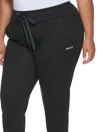 Calça de moletom feminina DKNY com logotipo bordado Pintuck, preta, tamanho 3X