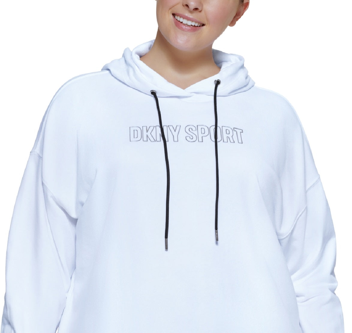 Moletom com capuz curto feminino DKNY com logotipo metálico, branco