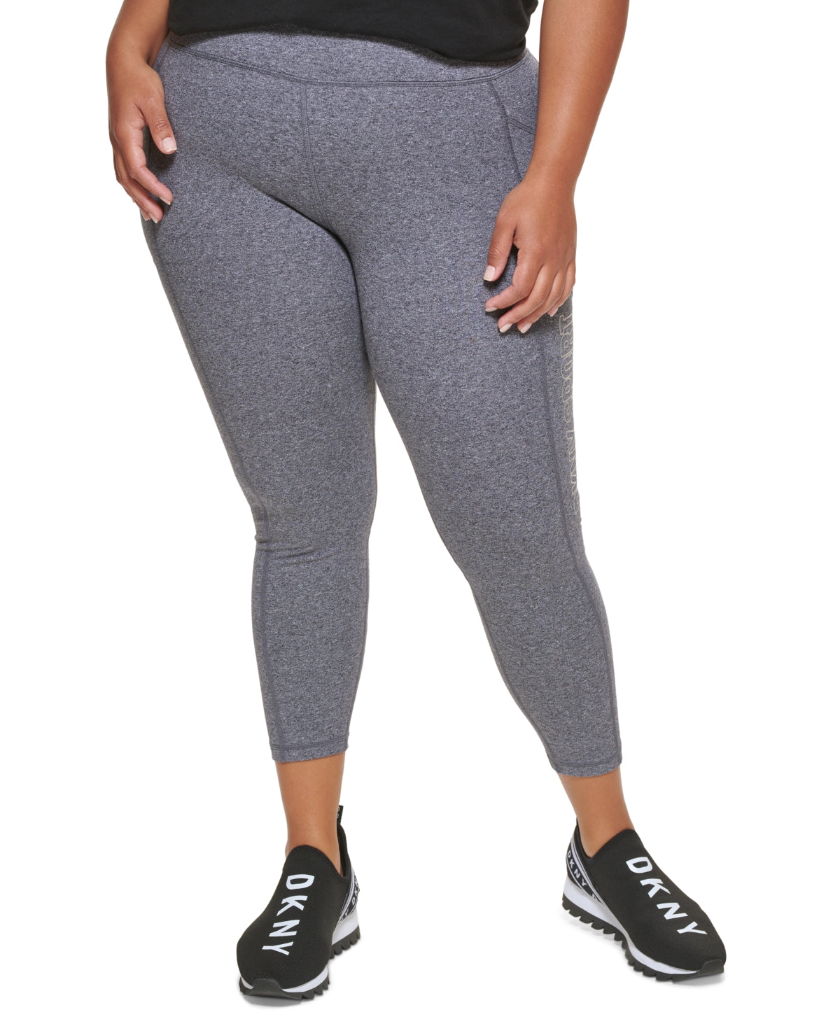 Leggings femininas DKNY com logotipo metálico 7/8, cinza, tamanho 2X