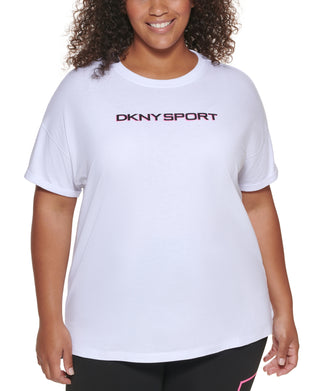 Camiseta feminina DKNY Sport Plus Cotton Logo, branca, tamanho 2X