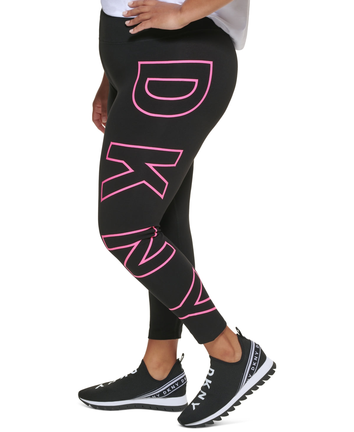 Legging feminina DKNY Sport Plus cintura alta 7/8 com logo explodido rosa tamanho 3X