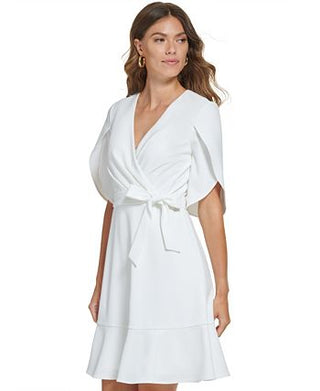 Vestido feminino DKNY com manga tulipa e decote em V, branco, tamanho 10