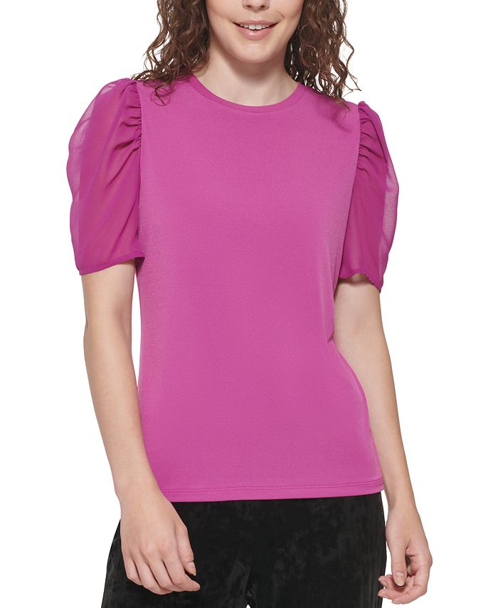 Blusa feminina DKNY com manga bufante e estampa de mídia mista, roxa, tamanho médio