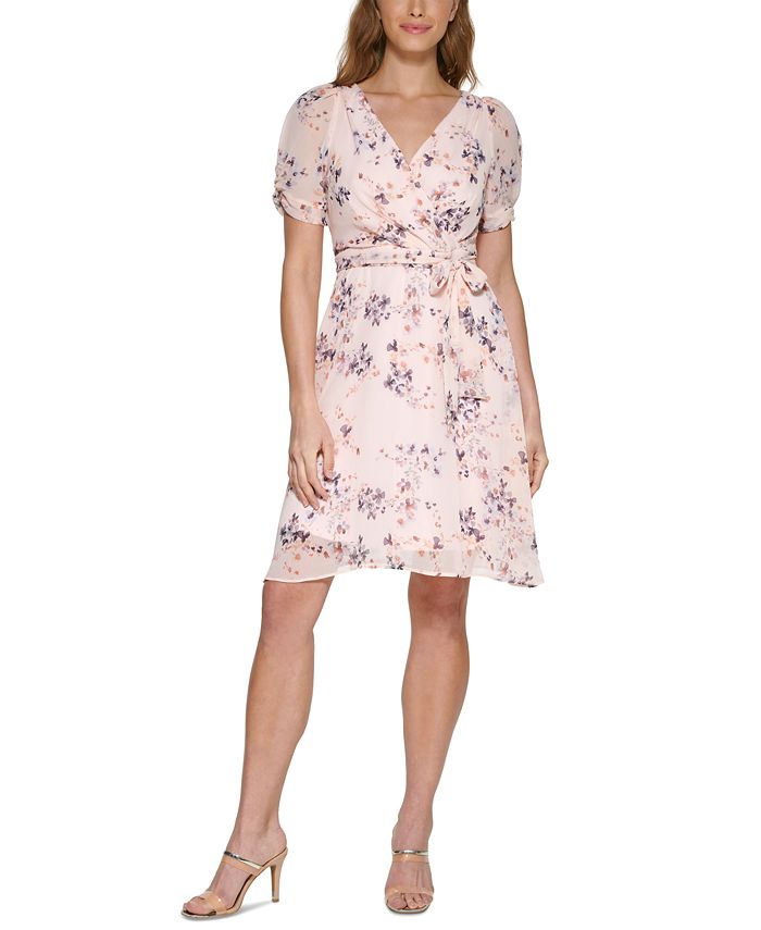 Vestido envelope falso com estampa floral DKNY feminino, rosa, tamanho 14