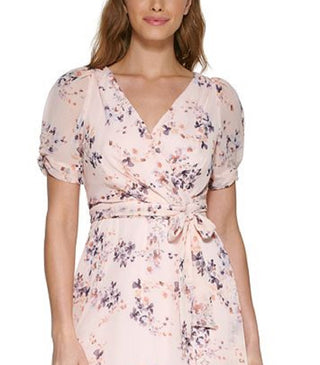 Vestido envelope falso com estampa floral DKNY feminino, rosa, tamanho 14