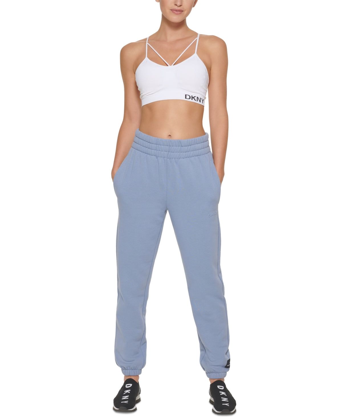Calça de moletom feminina DKNY cintura alta azul tamanho grande