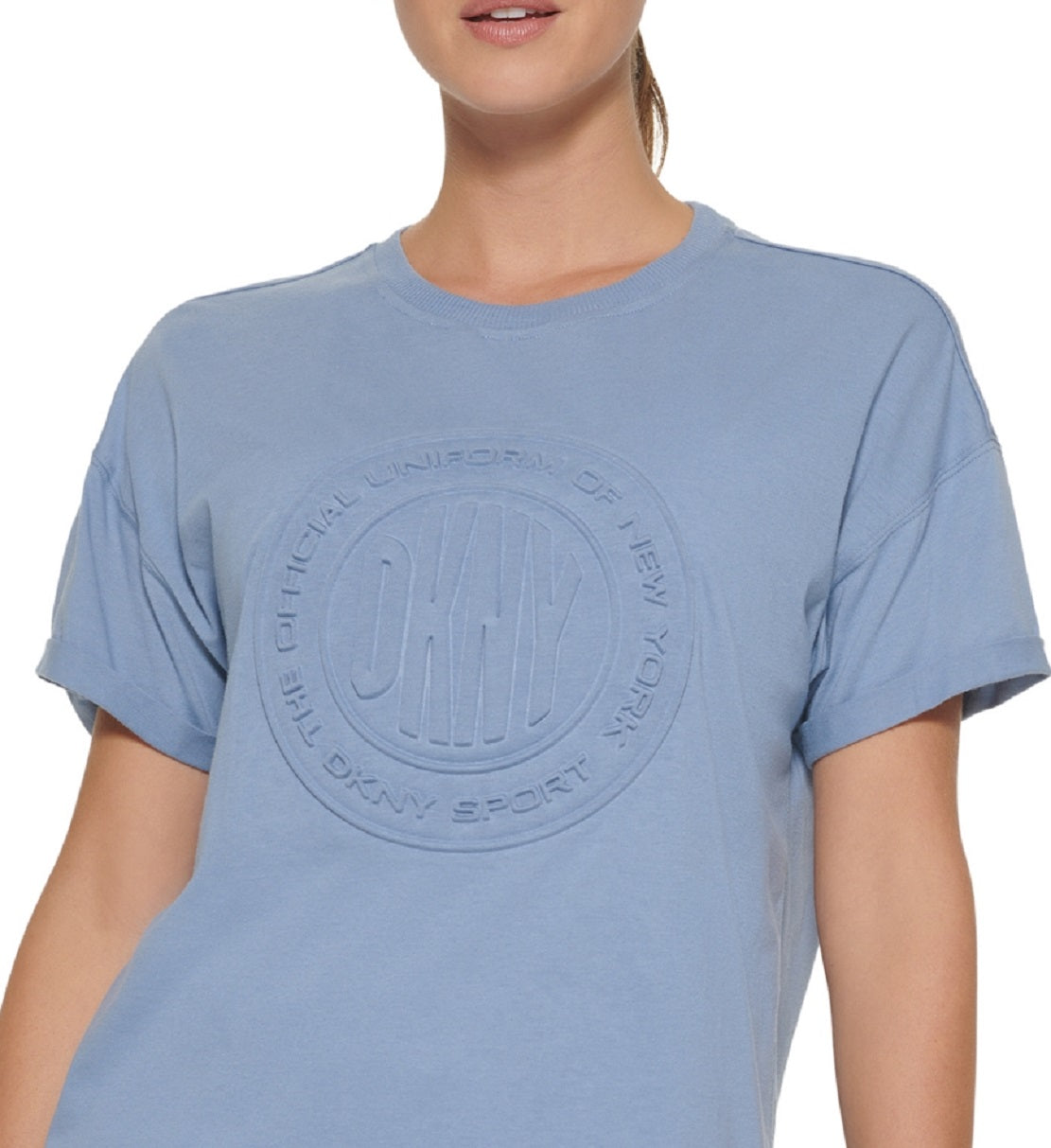 Camiseta feminina DKNY de algodão com logotipo em relevo, azul, tamanho extragrande
