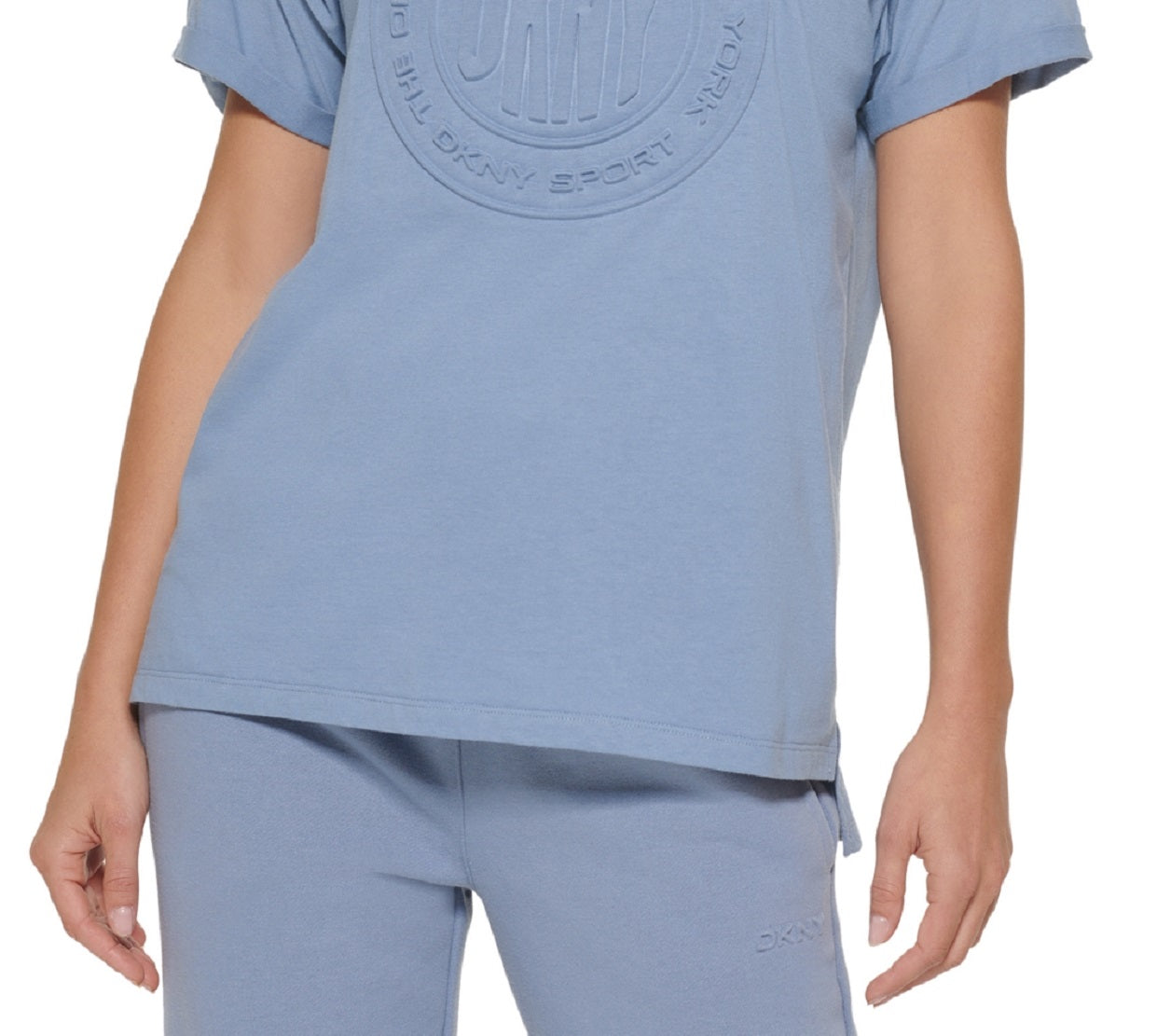 Camiseta feminina DKNY de algodão com logotipo em relevo, azul, tamanho extragrande