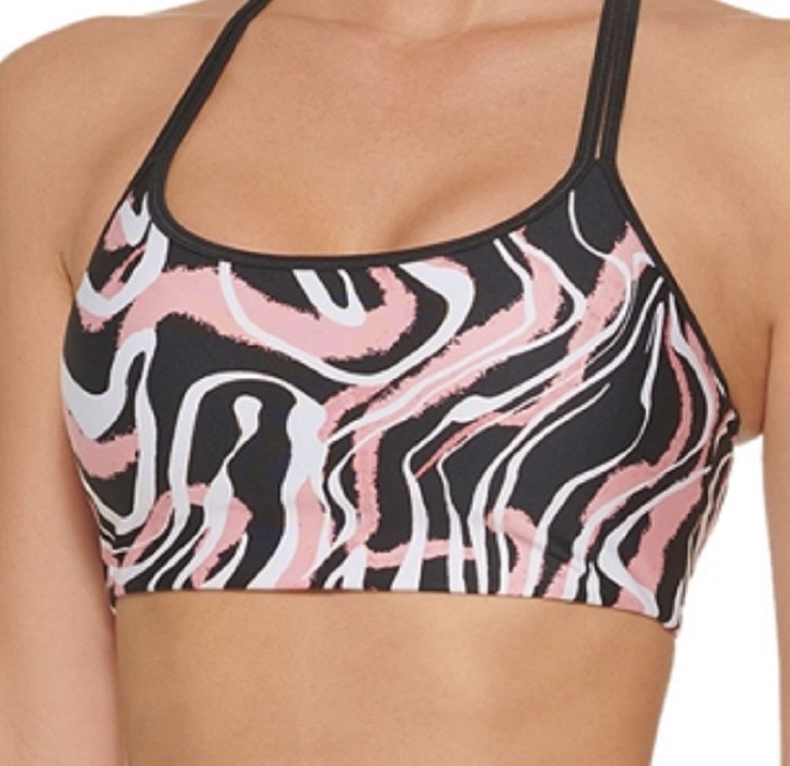 Sutiã esportivo feminino DKNY com estampa de mármore, preto