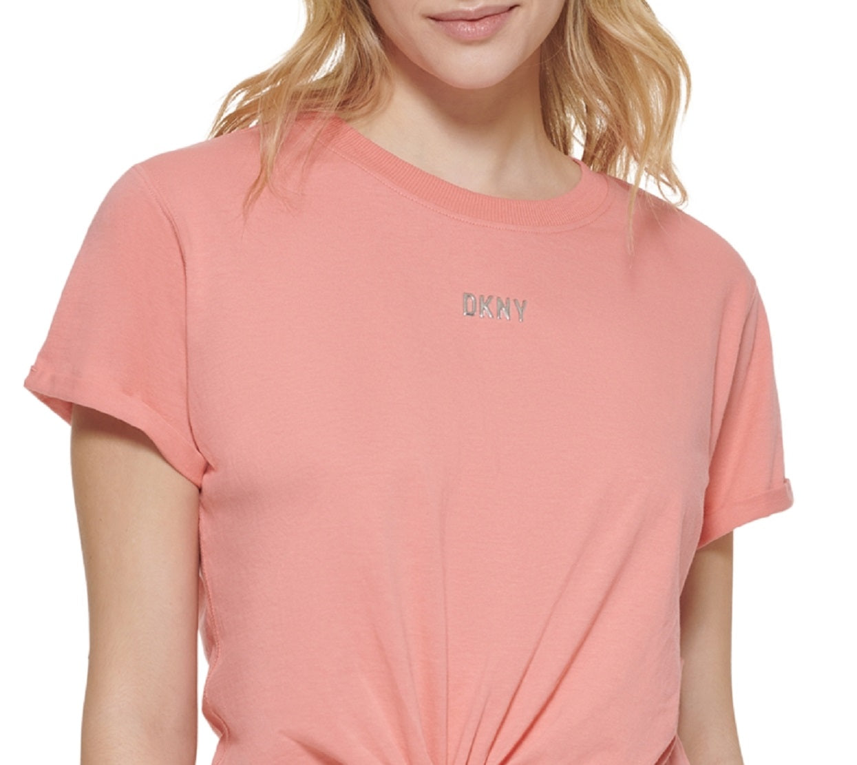 Camiseta feminina DKNY de algodão com logotipo metálico, vermelha, tamanho extragrande