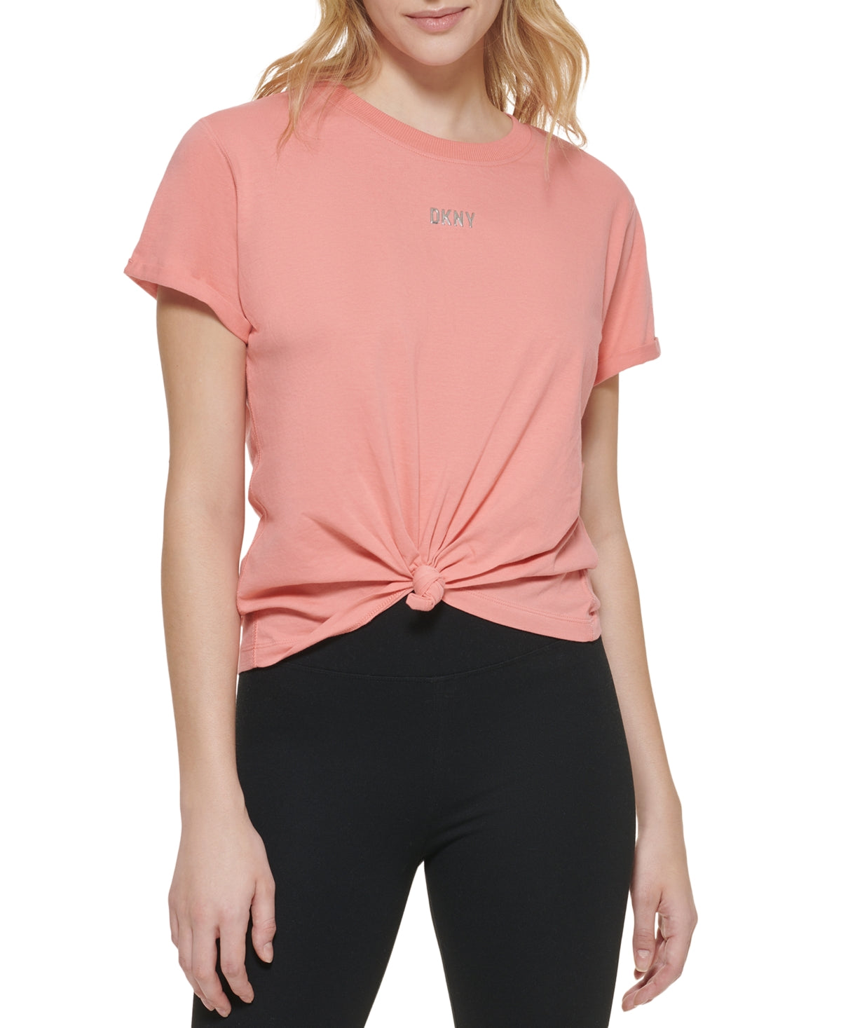 Camiseta feminina DKNY de algodão com logotipo metálico, vermelha, tamanho extragrande