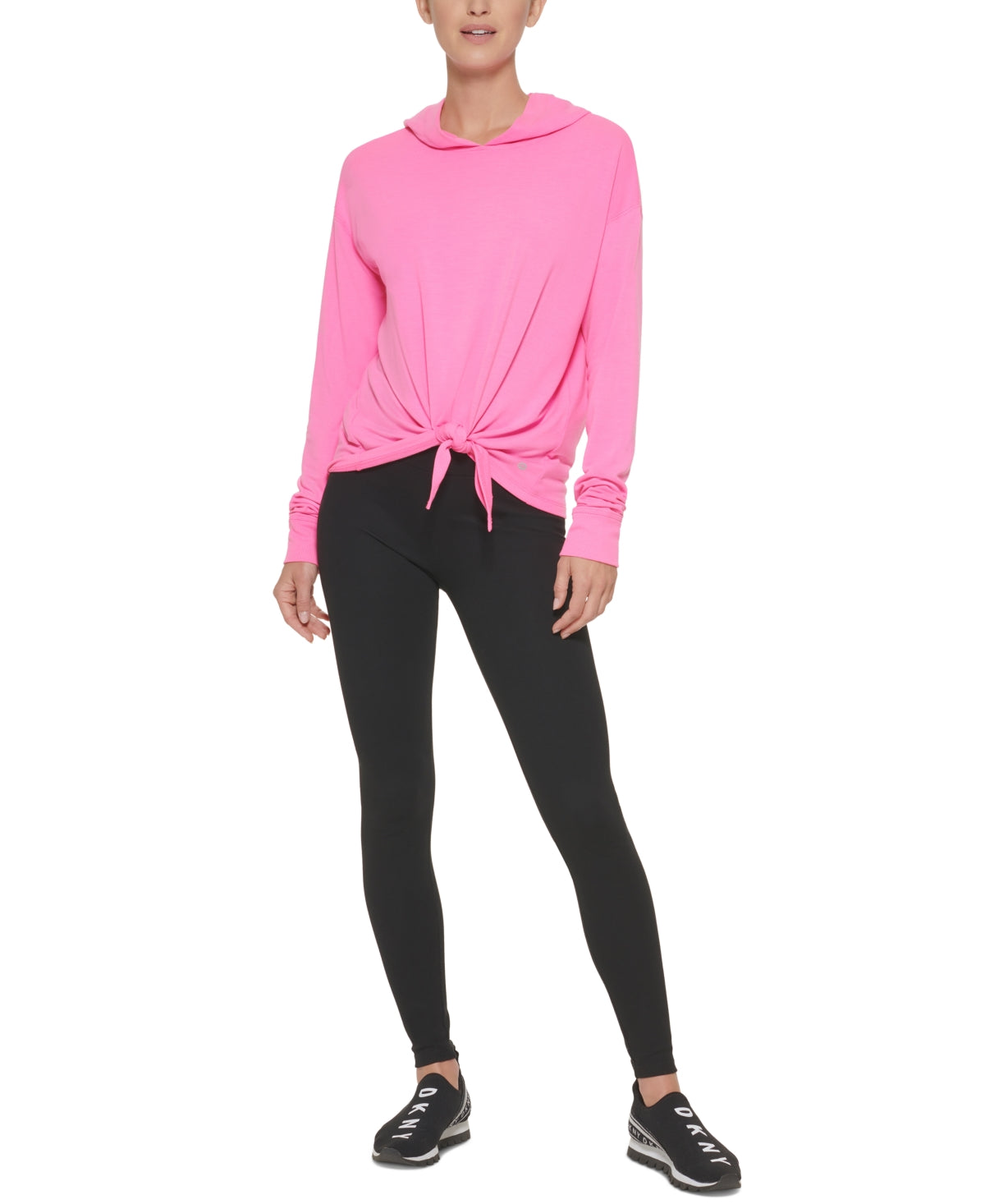 Moletom com capuz feminino DKNY Yoga com amarração frontal, rosa, tamanho grande
