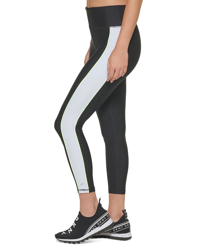 Leggings femininas DKNY com zíper frontal e blocos de cores, 7/8, pretas, tamanho pequeno