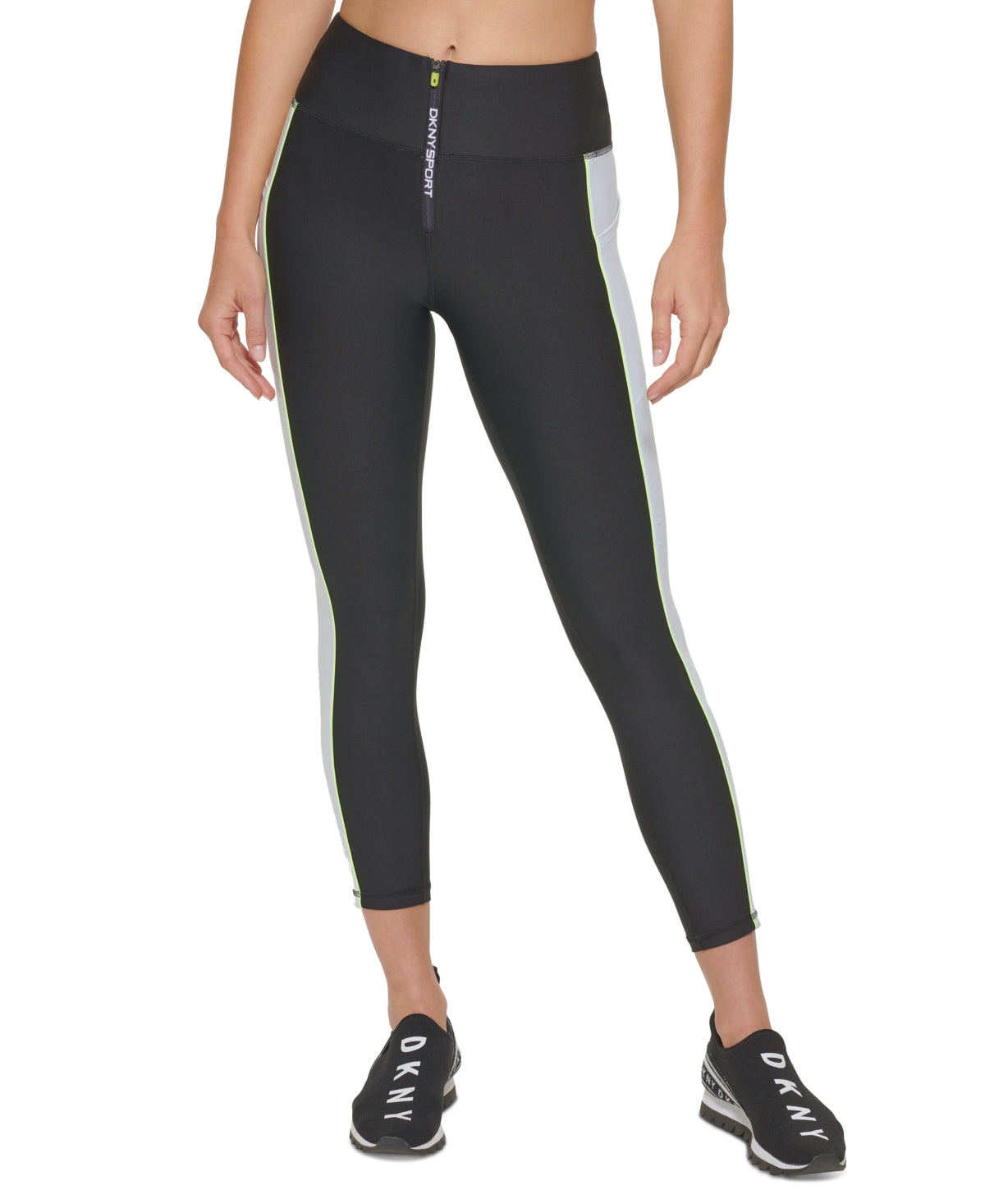 Leggings femininas DKNY com zíper frontal e blocos de cores, 7/8, pretas, tamanho pequeno