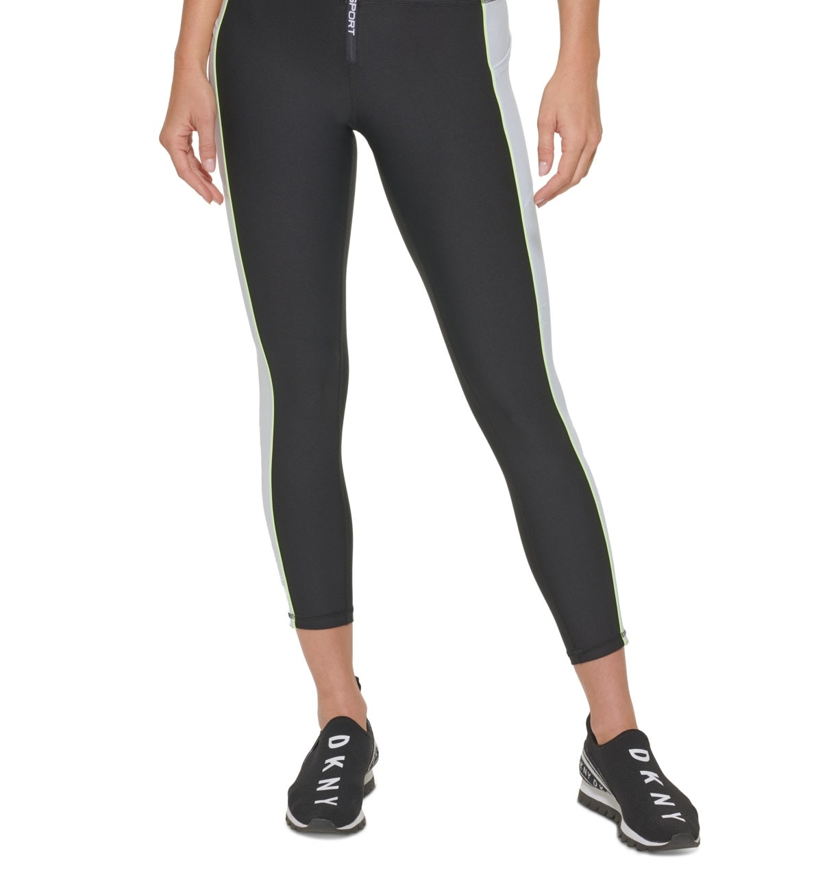 Leggings femininas DKNY com zíper frontal e blocos de cores, 7/8, pretas, tamanho pequeno