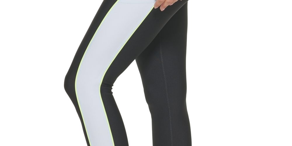 Leggings femininas DKNY com zíper frontal e blocos de cores, 7/8, pretas, tamanho pequeno
