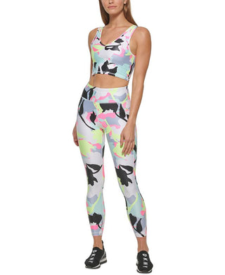 Leggings femininas DKNY camufladas com estampa floral 7/8, tamanho pequeno, azul