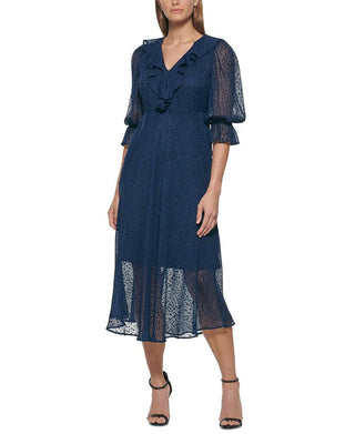 Vestido midi com babados DKNY Burnout feminino, azul, tamanho 8