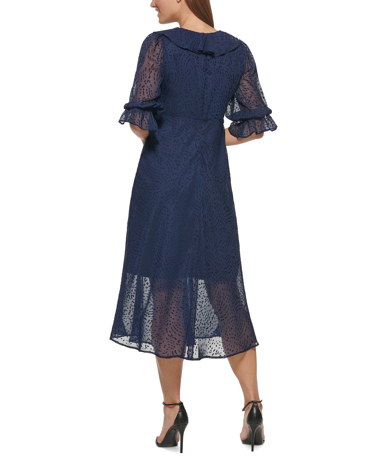 Vestido midi com babados DKNY Burnout feminino, azul, tamanho 8