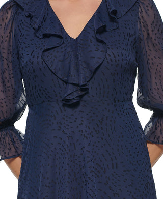 Vestido midi com babados DKNY Burnout feminino, azul, tamanho 8