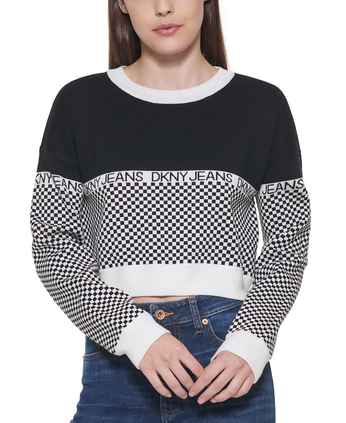 Suéter feminino DKNY com logo xadrez, preto, tamanho extragrande