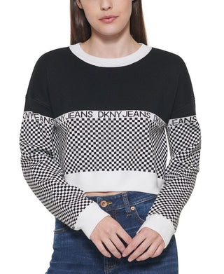 Suéter feminino DKNY com logo xadrez, preto, tamanho extragrande