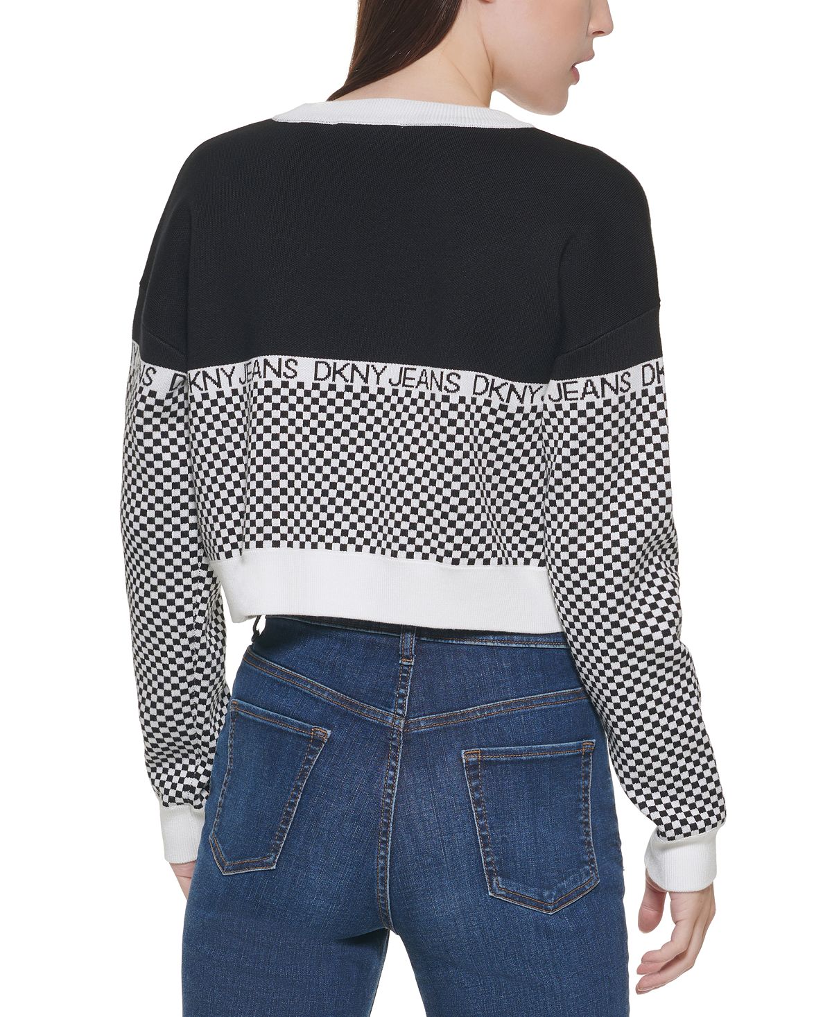 Suéter feminino DKNY com logo xadrez, preto, tamanho extragrande