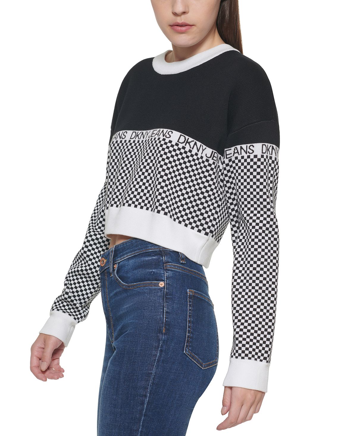 Suéter feminino DKNY com logo xadrez, preto, tamanho extragrande