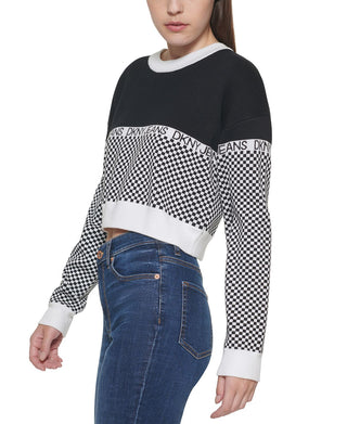 Suéter feminino DKNY com logo xadrez, preto, tamanho extragrande
