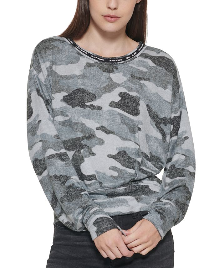 Blusa camuflada feminina DKNY manga comprida preta tamanho pequeno
