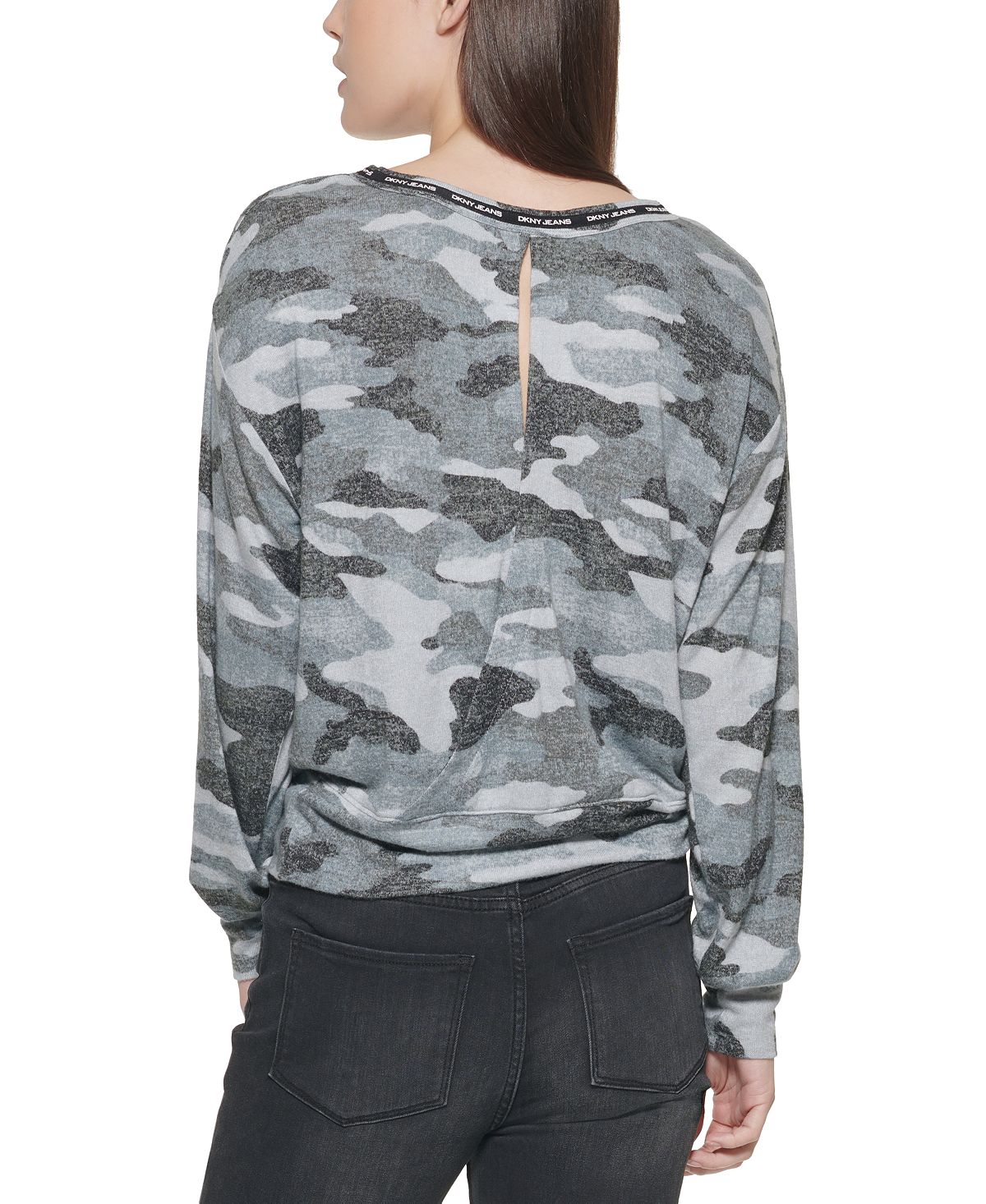 Blusa camuflada feminina DKNY manga comprida preta tamanho pequeno