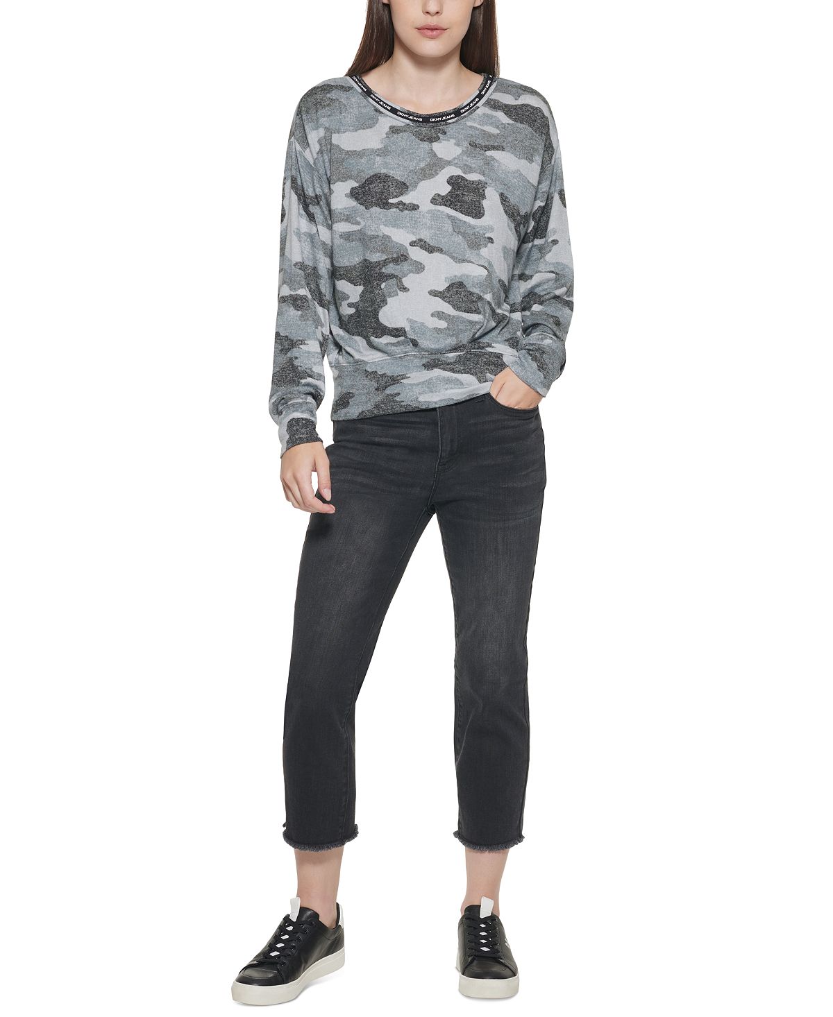 Blusa camuflada feminina DKNY manga comprida preta tamanho pequeno