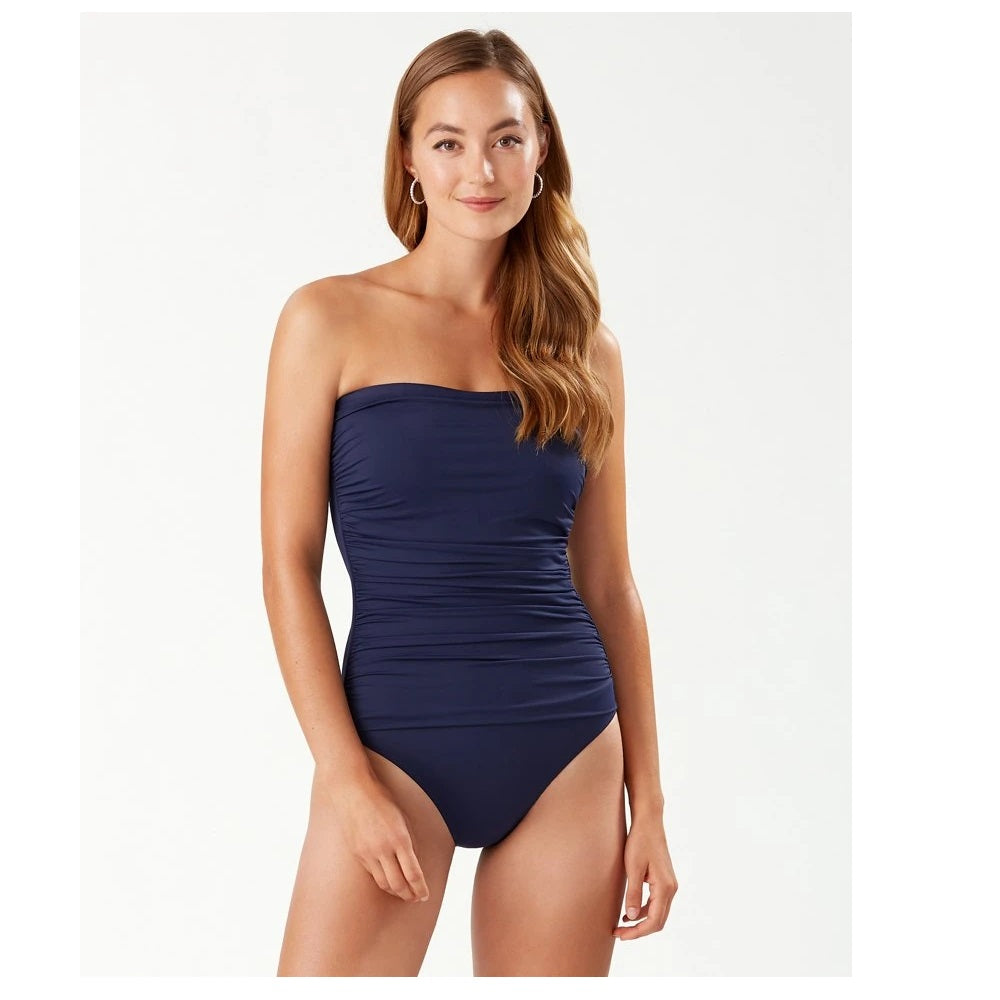 Maiô feminino Tommy Bahama com babados e estampa de pérolas, estilo bandeau, azul-marinho, tamanho 10