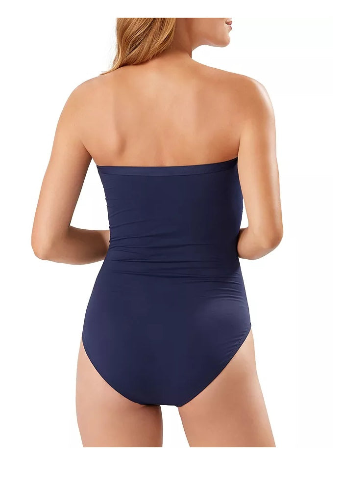 Maiô feminino Tommy Bahama com babados e estampa de pérolas, estilo bandeau, azul-marinho, tamanho 10