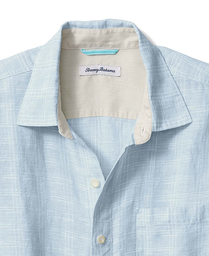 Camisa xadrez de linho Tommy Bahama Ventana masculina, azul, tamanho médio