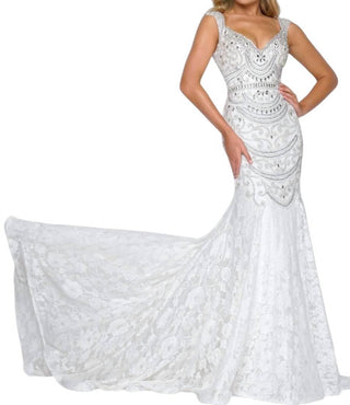 Mac Duggal - Vestido de sereia com renda drapeada e cristais