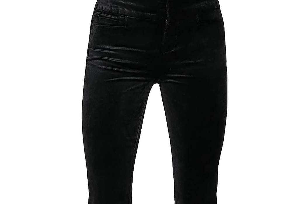 Calça flare de veludo PAIGE Lou Lou, cintura alta, preta, tamanho 25