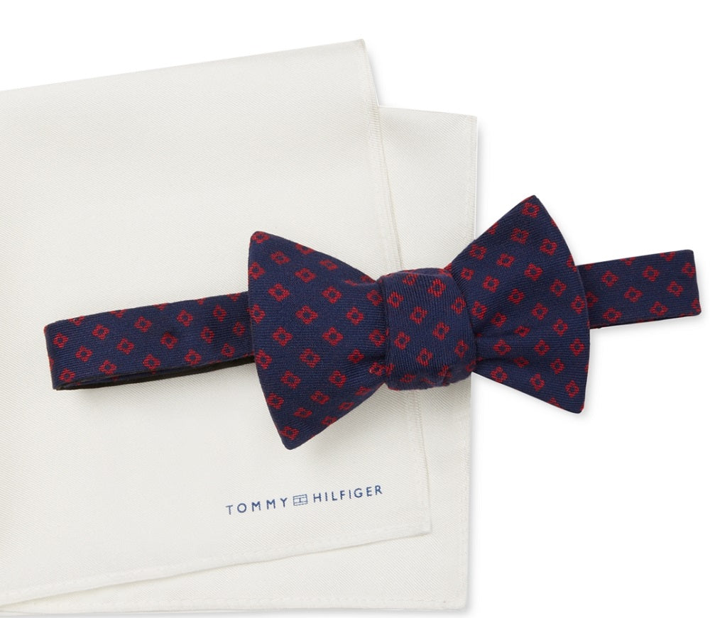 Conjunto de gravata borboleta pré-amarrada e lenço de bolso liso masculino Tommy Hilfiger, tamanho regular, vermelho